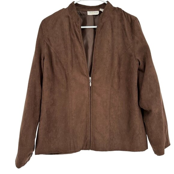 Studio Works Womens Size 10 Faux Suede Jacket Zip Up Lined Pockets Brown - Picture 1 of 11